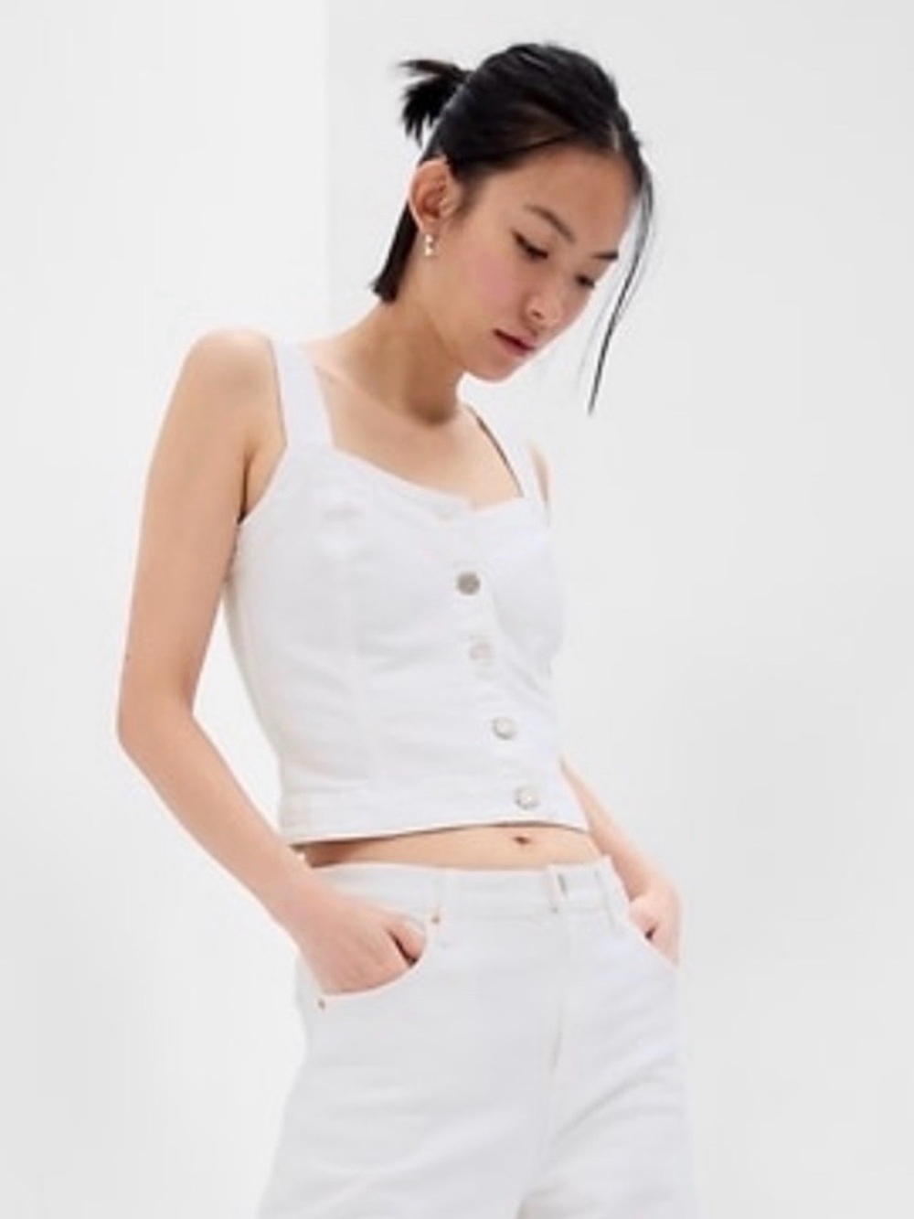 GAP white denim corset tank with metal button front closure